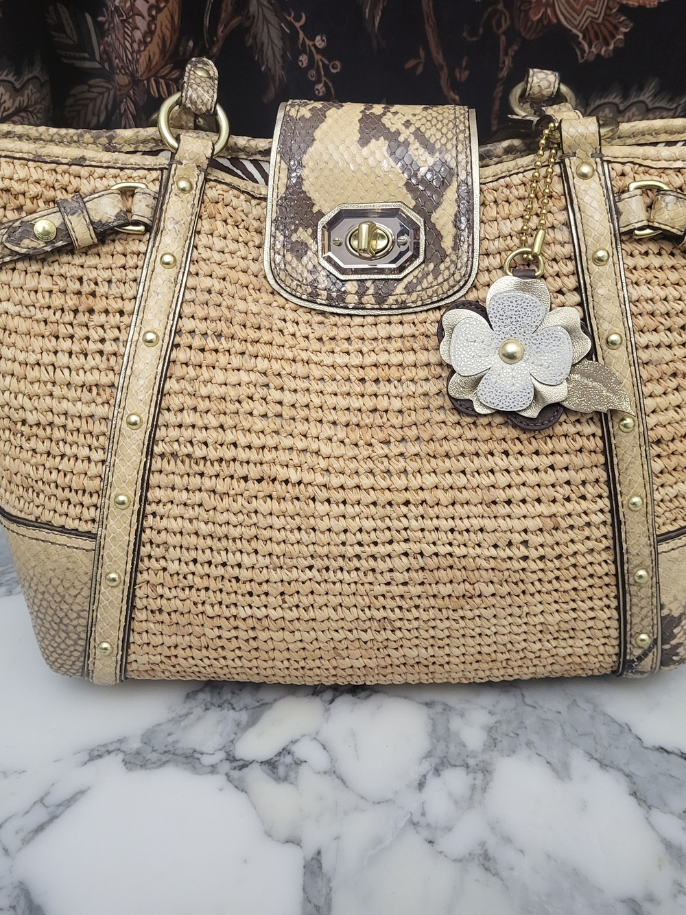 Coach Straw and Python Snakeskin Trim Tote with Flower Charm - Beige/Tan